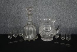 A mixed collection of glass. A Victorian decanter, jug and sherry glasses. H.17cm. (largest)