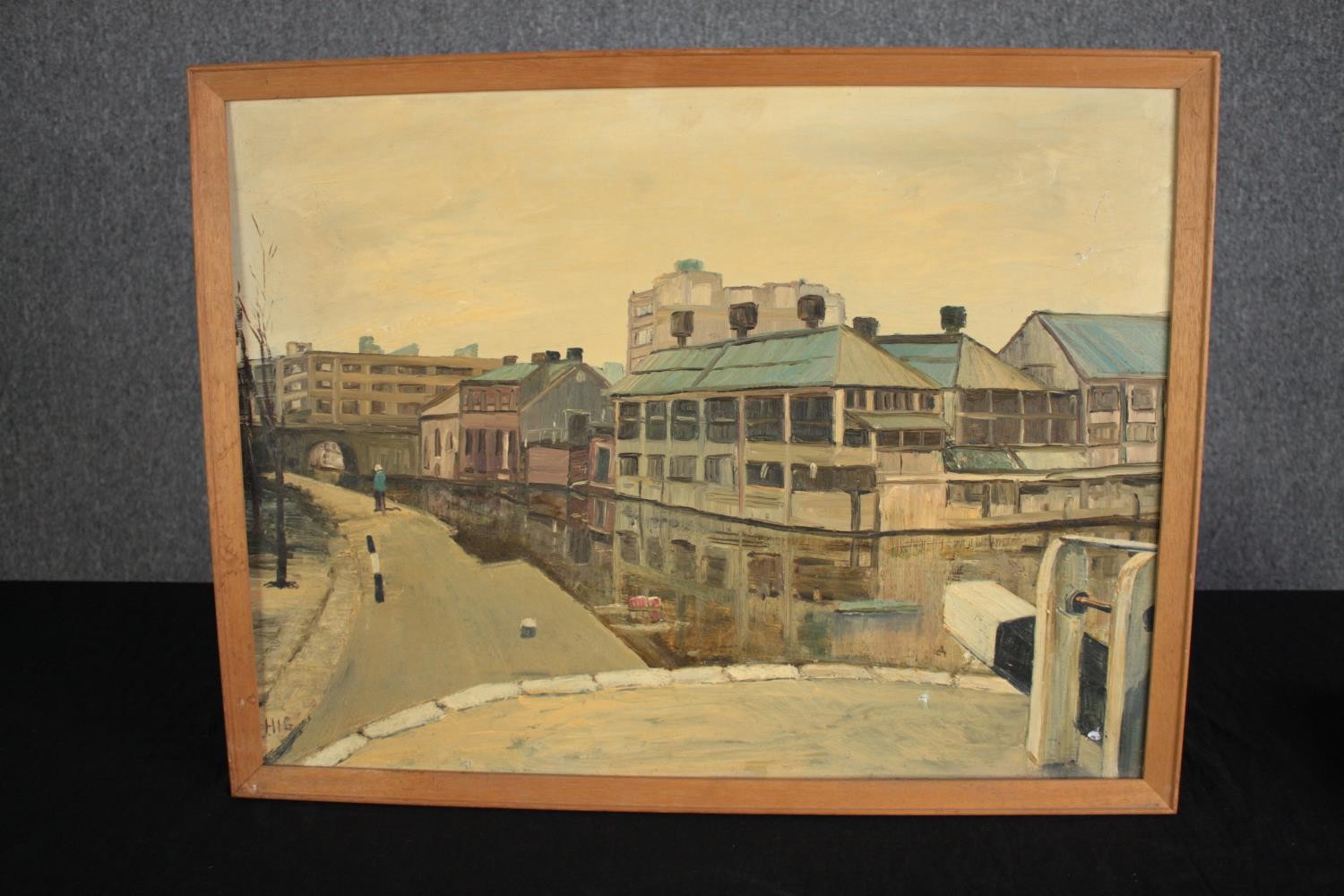 Oil painting on board. A London canal lock scene. Signed 'Hig' bottom left. Framed. H.49 W.64cm. - Image 2 of 4