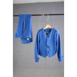 A vintage bespoke made blue two piece suit with mother of pearl buttons and flared bottoms, (to