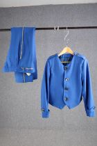 A vintage bespoke made blue two piece suit with mother of pearl buttons and flared bottoms, (to