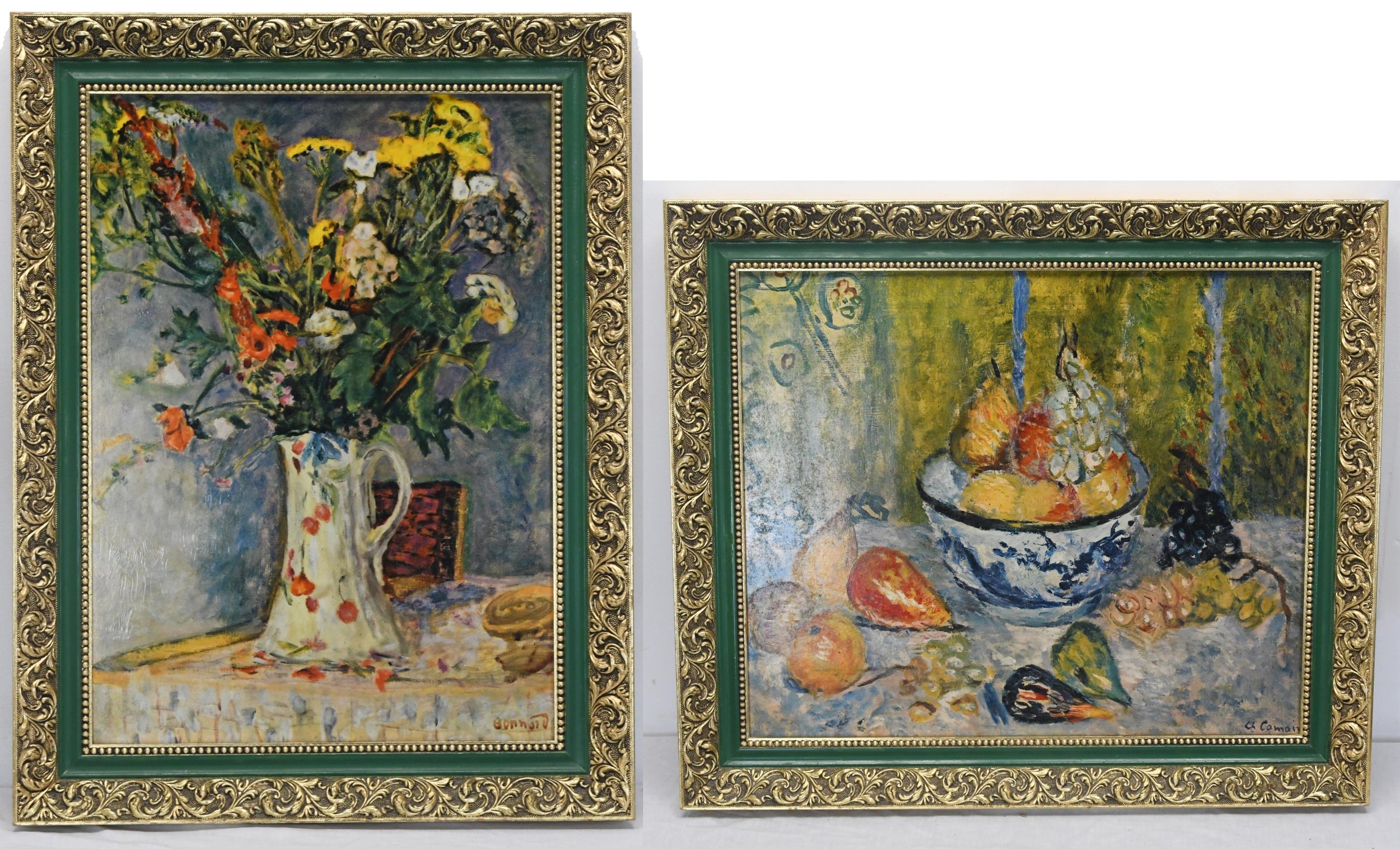After Pierre Bonnard and Charles Camoin, two framed textured prints of still life oil paintings.