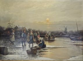 A large framed contemporary oil on board, 19th century style Dutch figures on a frozen canal. H.50