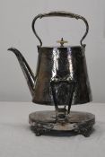 An Aesthetic movement bamboo design silver plated spirit kettle on stand with engraved bamboo