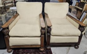 Armchairs, pair mid century oak. H.90 W.58 D.70cm.