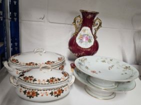 A collection of ceramics and porcelain, including a Limoges twin handled urn with floral design, two