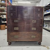 A late 20th century mahogany Hi Fi cabinet in the style of a military chest. H.91 W.82 D.52cm.