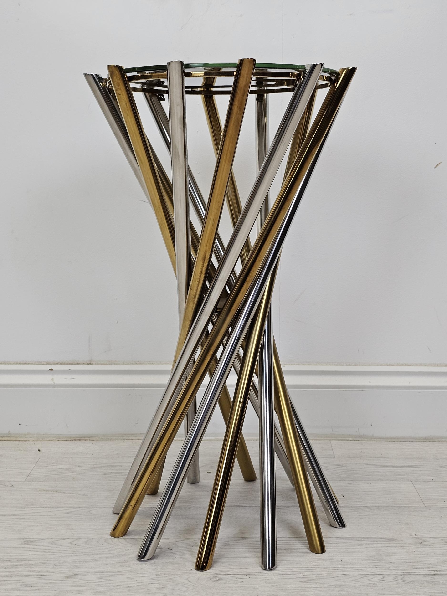 Jardinière or pedestal stand, contemporary chrome and gilt with a glass top. H.59 D.33cm.