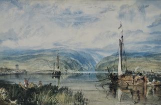 Watercolour, 19th century riverscape, framed and glazed. H.54 W.63cm.