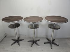 Three matching high tables, contemporary metal and chrome. H.108 W.70 D.70cm.