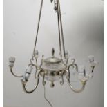 A contemporary chrome six branch chandelier. H.70 W.70cm.