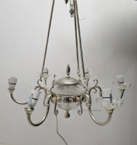 A contemporary chrome six branch chandelier. H.70 W.70cm.