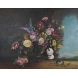 Oil on canvas still life of a vase of flowers and birds nest, indistinctly signed and framed. H.72