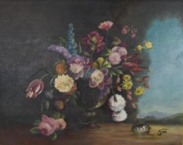 Oil on canvas still life of a vase of flowers and birds nest, indistinctly signed and framed. H.72