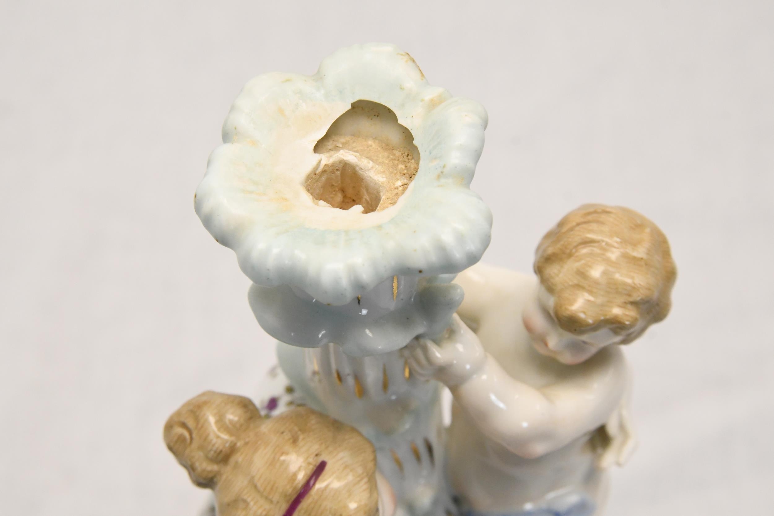 A 19th century Meissen style hand painted porcelain mother and child figural candle stick with - Image 4 of 5