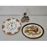 Royal Albert Old Country Roses clock, Border Fine Arts figure and a decorative plate.