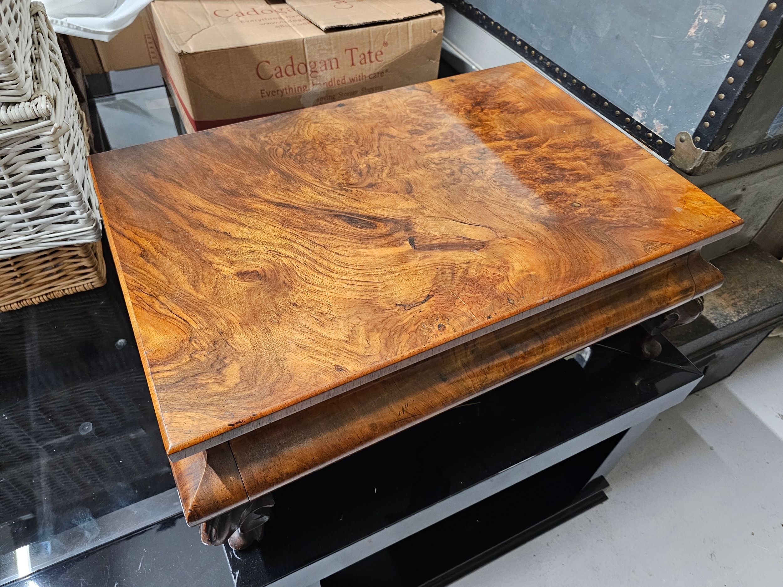 A Victorian figured walnut low table fitted with a drawer. H.26 W.63 D.43cm. - Image 2 of 4