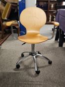 Office desk chair, vintage style laminated wood and chrome. H.89 W.69 D.60cm.