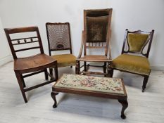 A miscellaneous collection of 19th century chairs along with a tapestry upholstered footstool.