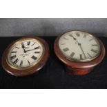 Two wall clocks. One made by Smiths Enfield, London the other without a makers mark. Dia.42cm. (