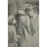 Lithograph titled 'The Old Girls Visit'. Signed lower right 'E. Brooks'. Framed and glazed. H.42 W.