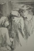 Lithograph titled 'The Old Girls Visit'. Signed lower right 'E. Brooks'. Framed and glazed. H.42 W.