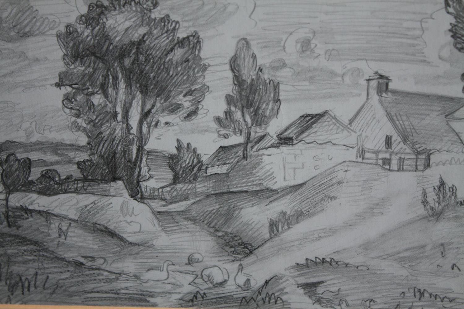 Pencil drawing. Rural study. Signed lower right 'R.H.'. Framed and glazed. H.48 W.42 cm.