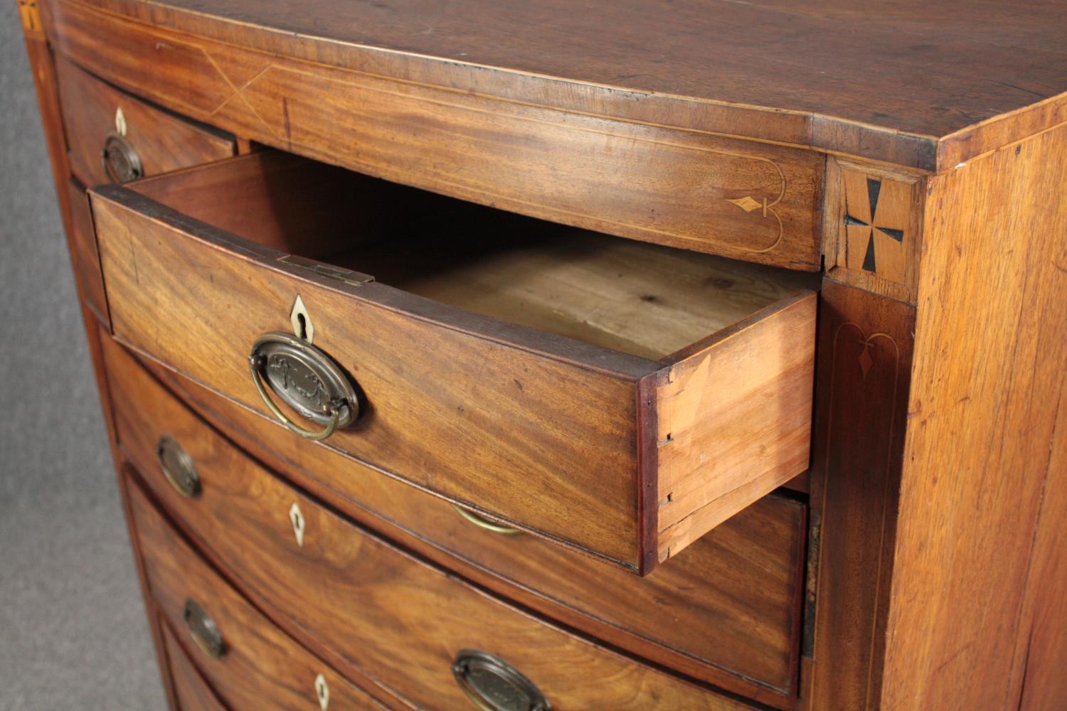 Chest of drawers, 19th century mahogany bowfronted with satinwood and ebony inlay. H.124 W.118 D. - Image 5 of 7