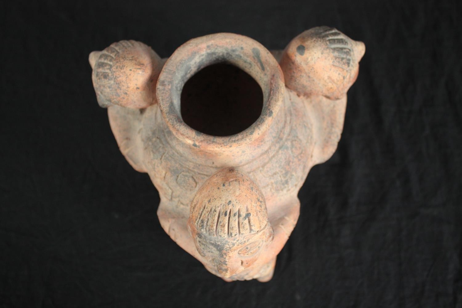 Terracotta 'rattle pot'. Tripod bowl supported by three figures. H.20cm. - Image 3 of 6