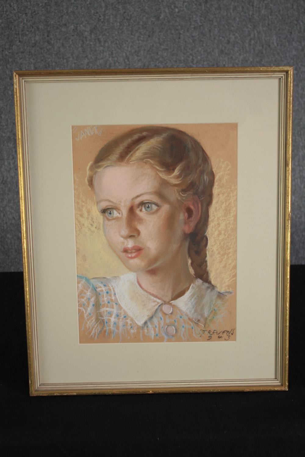 A pastel portrait of a girl. Dated 1943 and signed indistinctly bottom right. Framed and glazed. H. - Image 2 of 4