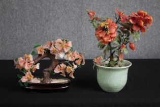 Two early 20th century Chinese glass and wire blossom trees in pots. One with a celadon glaze