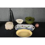 A mixed collection of porcelain kitchenware and a vase. Including a butter cooler, dish and a