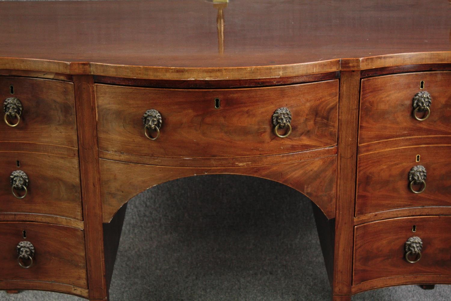 Sideboard, late Georgian mahogany serpentine fronted with brass rail. H.129 W.136 D.73cm. - Image 6 of 7