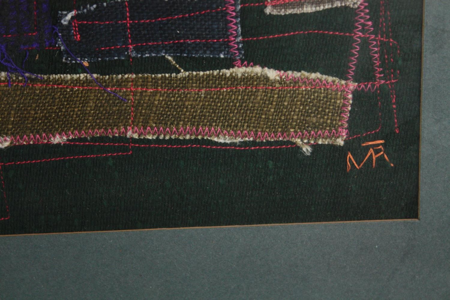 Embroidery art. An abstract composition behind a black background. Circa 1950. Signed 'M.R'. - Image 3 of 4