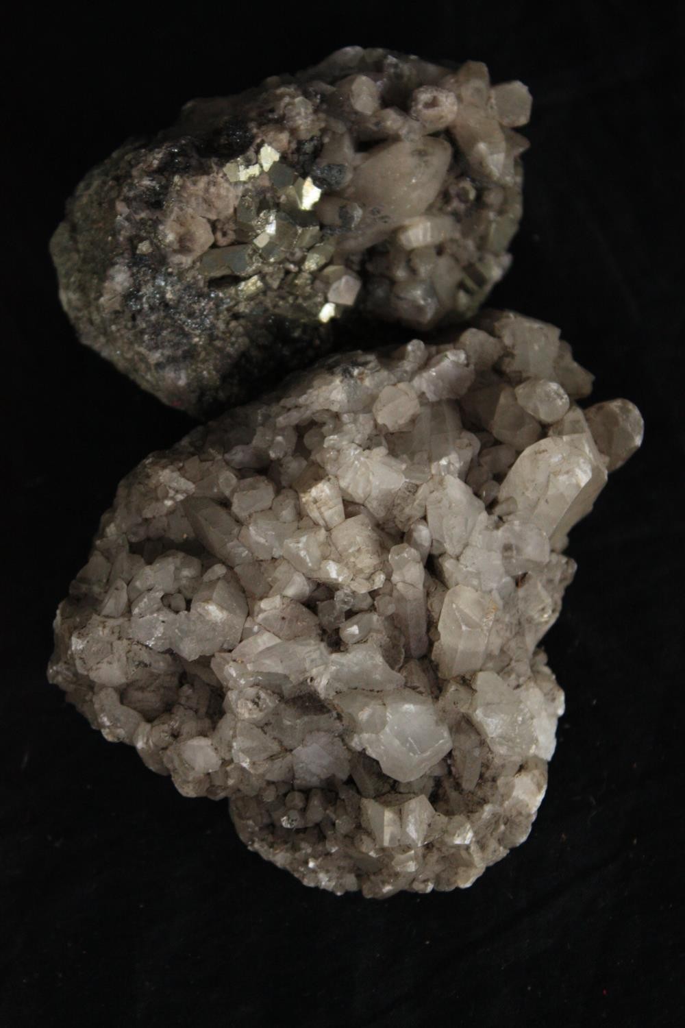 A collection of six minerals and a piece of slag glass. Minerals include Quartz and Iron Pyrites. - Image 4 of 5