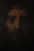 Oil painting on canvas. Christ wearing the crown of thorns. Unsigned. With a label on the back