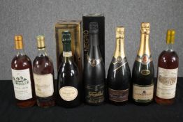 A mixed collection of seven bottles of red and sparkling wine. Includes a bottle of Lindauer Brut