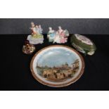 A mixed collection. A Yardley soap dish with porcelain figures and lidded glass bottle, decorative