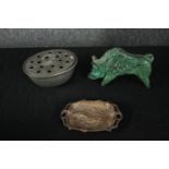 A brass boar, a brass Art Nouveau flower design ashtray and a pewter flower planter. H.8 W.14cm. (