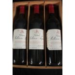 Cased St. Emillion French red wine bottled 1985. Three bottles.