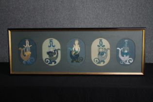 Embroidery. Five Mermaids. Framed and glazed. Unsigned. H.40 W.113cm.