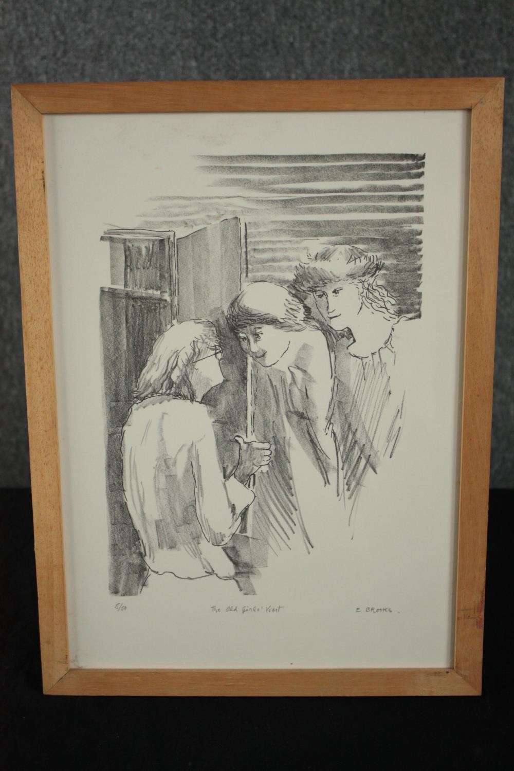 Lithograph titled 'The Old Girls Visit'. Signed lower right 'E. Brooks'. Framed and glazed. H.42 W. - Image 2 of 4