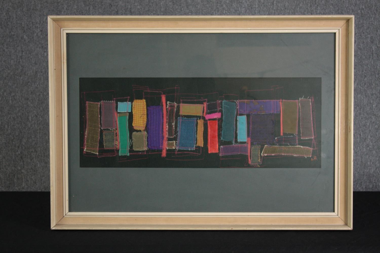 Embroidery art. An abstract composition behind a black background. Circa 1950. Signed 'M.R'. - Image 2 of 4