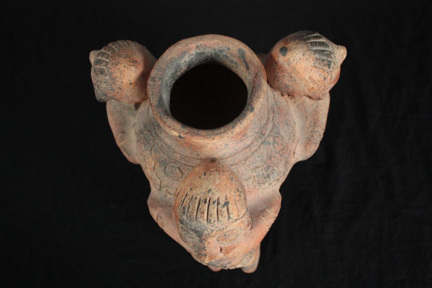 Terracotta 'rattle pot'. Tripod bowl supported by three figures. H.20cm. - Image 4 of 6