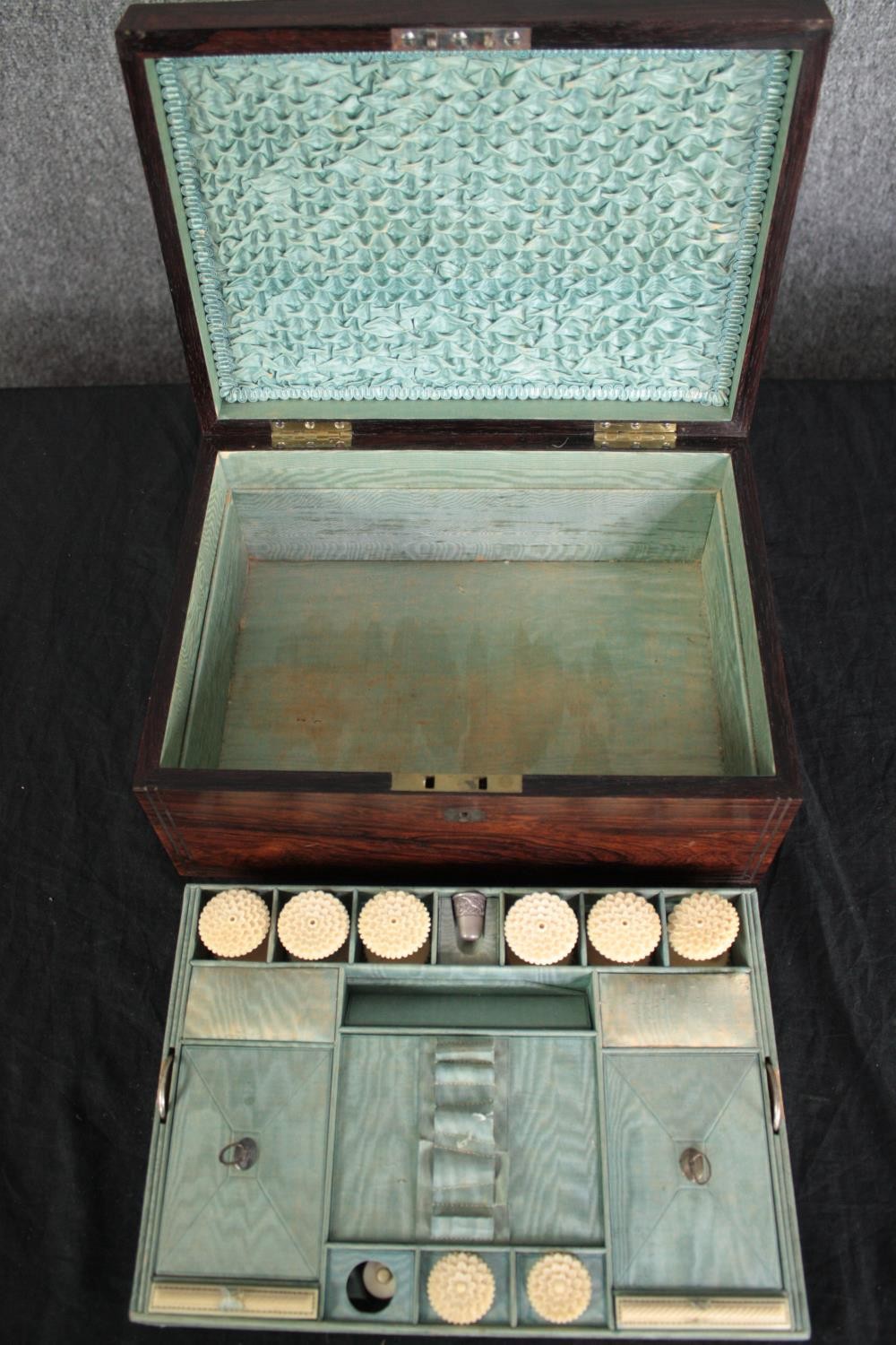 Mixed collection. A 19th century brass inlaid rosewood sewing box, brass clock and copper - Image 14 of 14