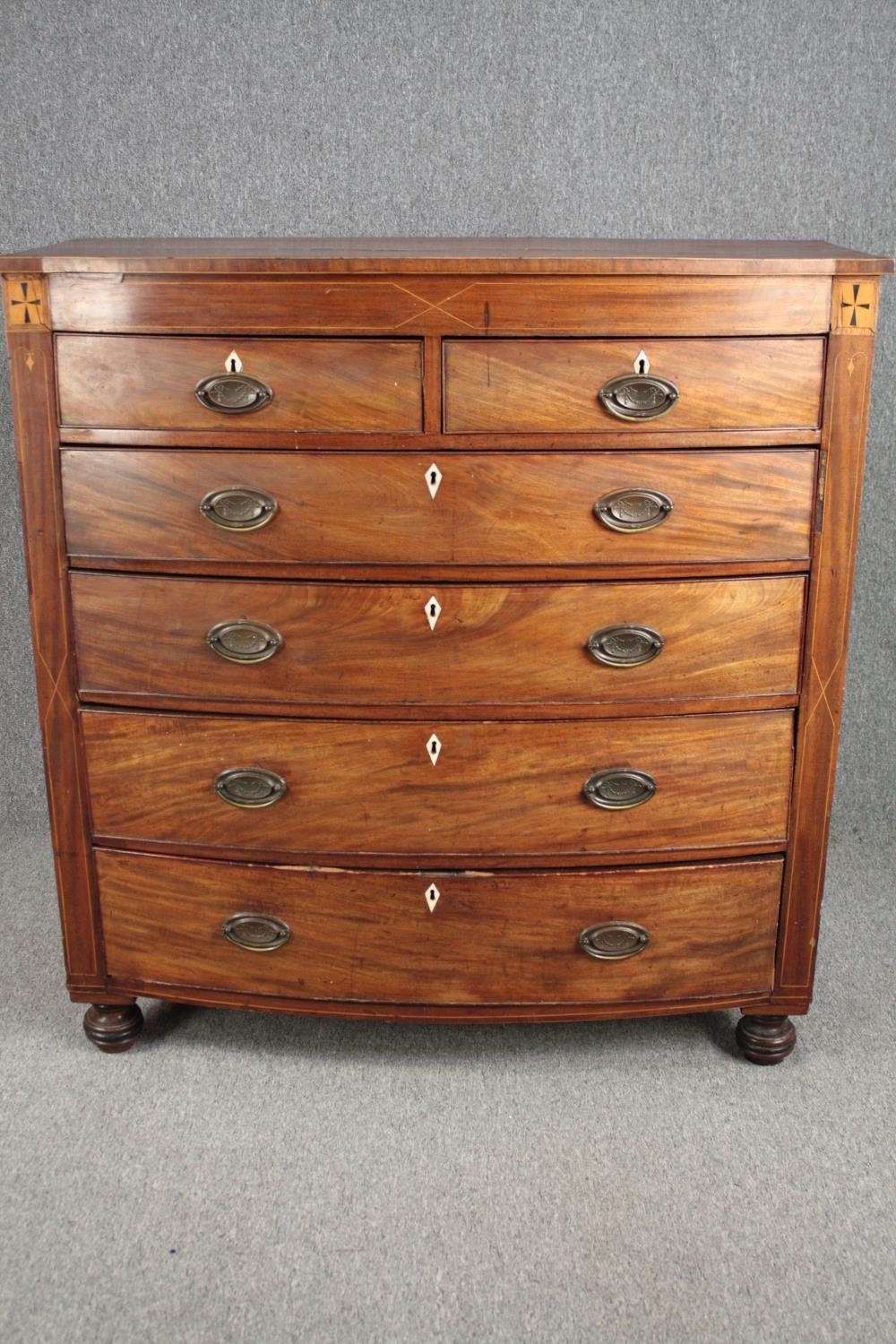 Chest of drawers, 19th century mahogany bowfronted with satinwood and ebony inlay. H.124 W.118 D.