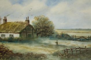 Watercolour. A rural cottage scene. Signed 'J.Russell' bottom right. Framed. H.34 W.57cm.