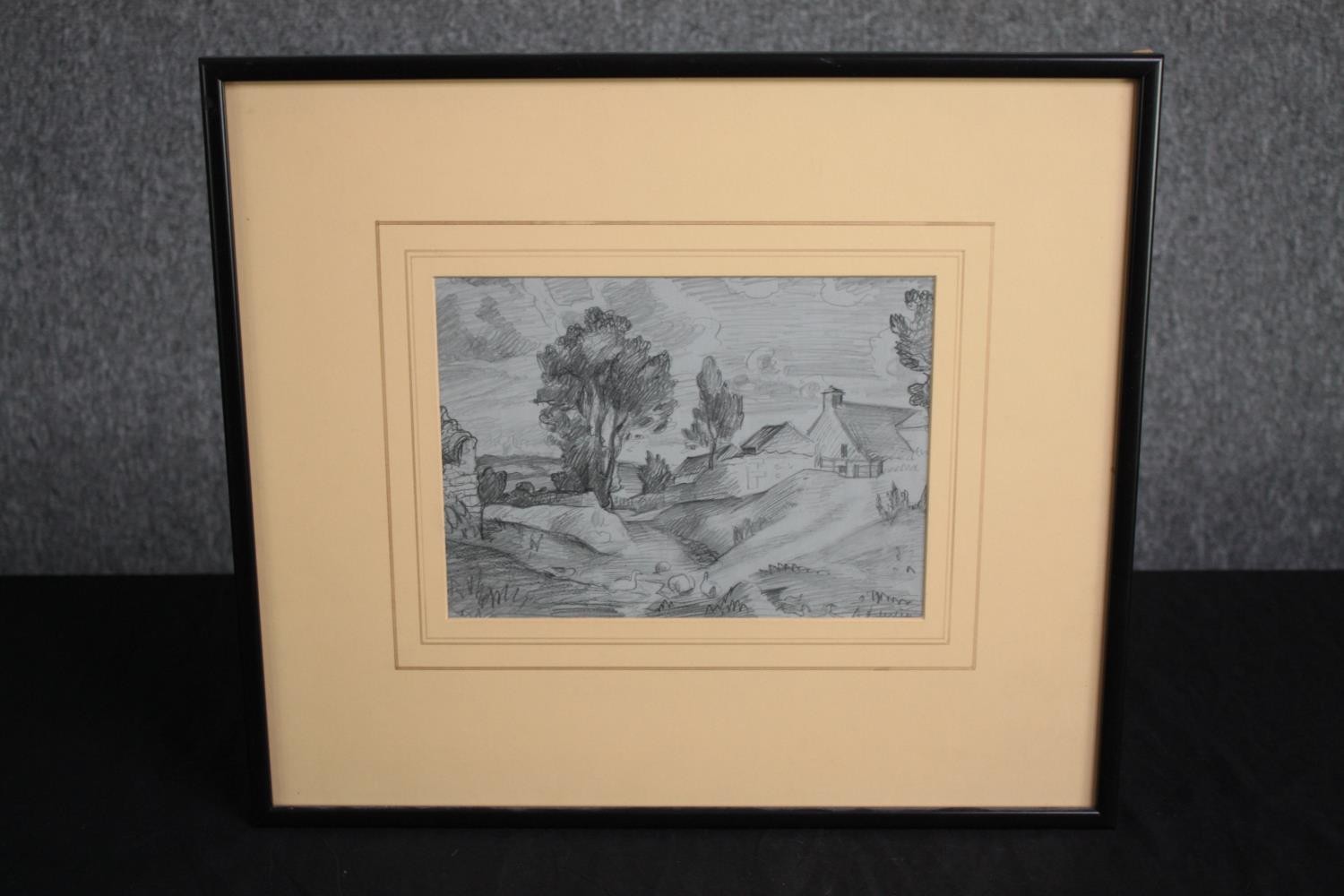 Pencil drawing. Rural study. Signed lower right 'R.H.'. Framed and glazed. H.48 W.42 cm. - Image 2 of 3