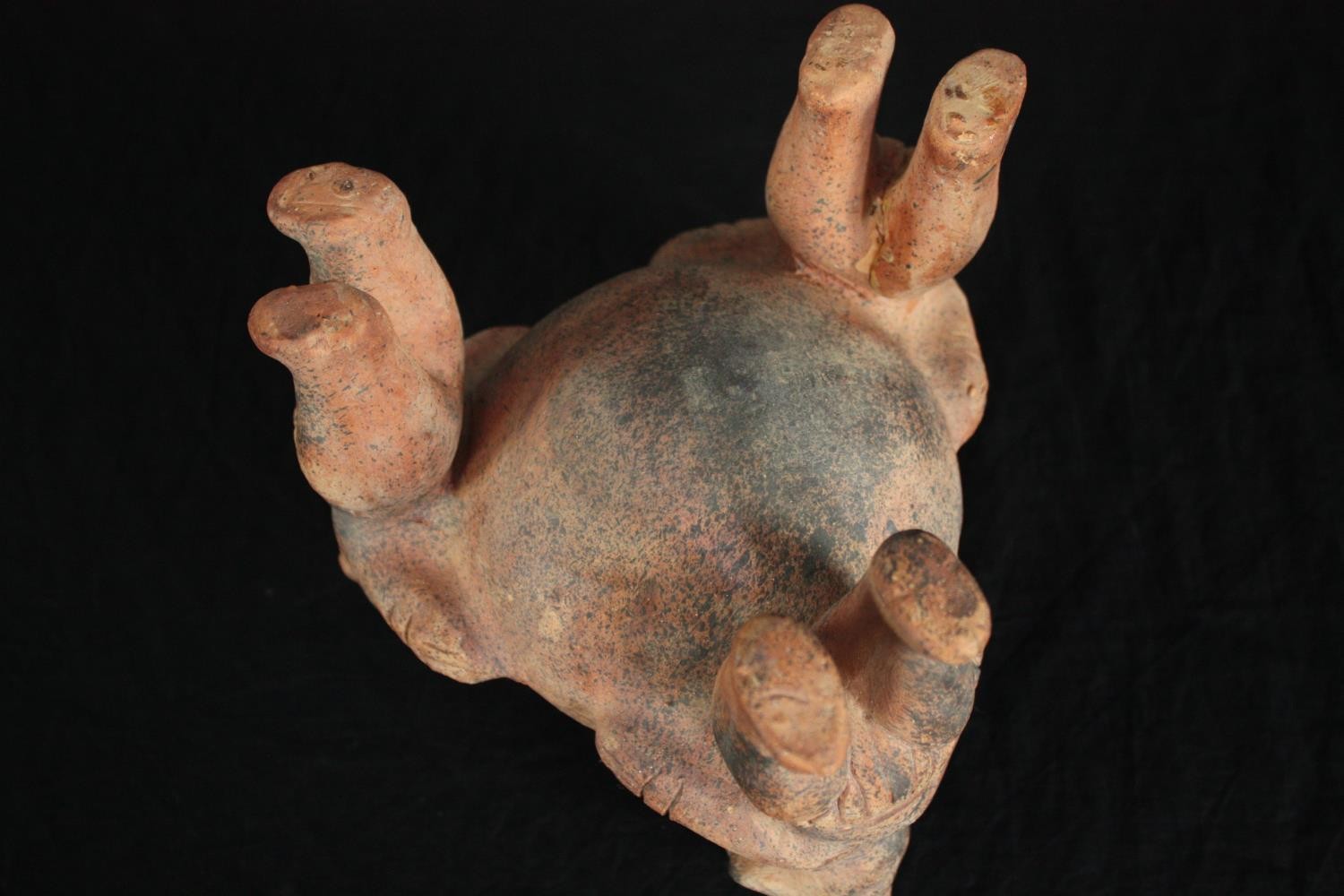 Terracotta 'rattle pot'. Tripod bowl supported by three figures. H.20cm. - Image 6 of 6