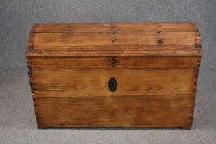 Travelling trunk or coffer, 19th century pine, domed top with candle slide fitted to the interior.