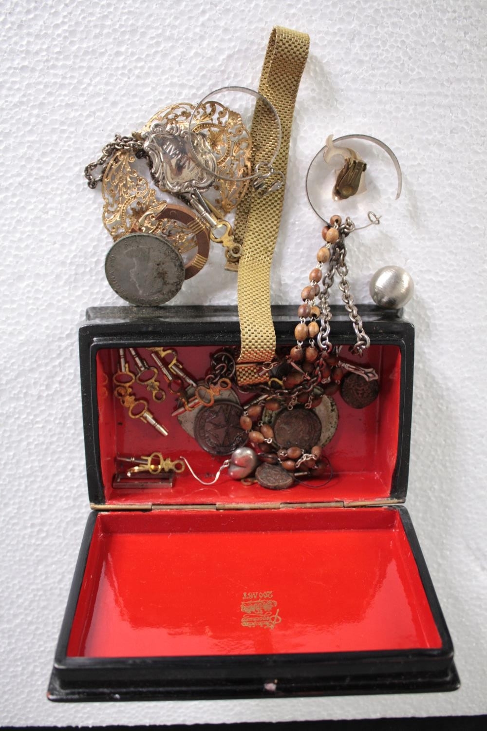A nineteenth century hand painted box containing jewellery. With two others containing a pipe and - Image 4 of 7